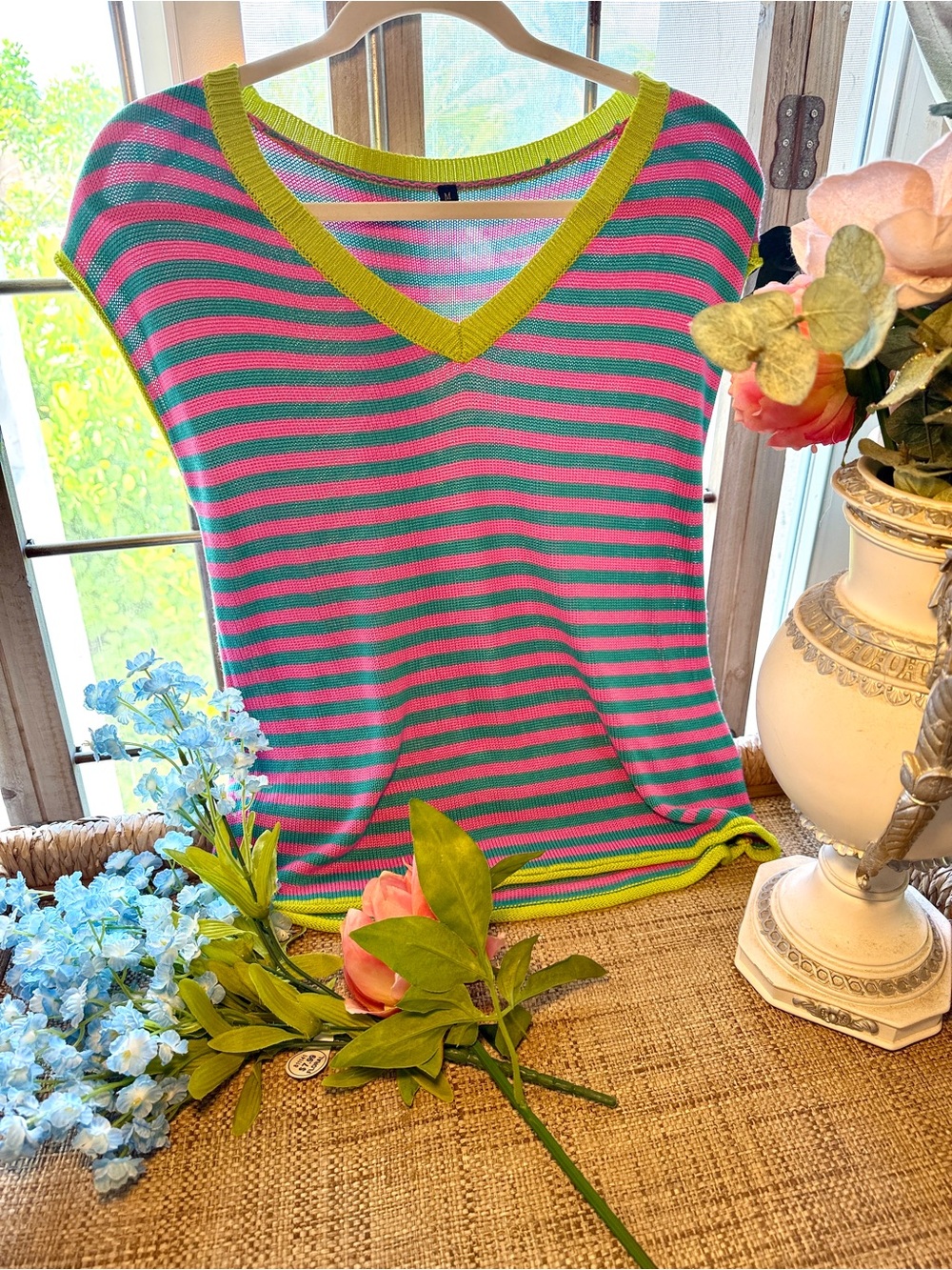 Striped V‑Neck Knit Top in Pink and Teal with Lime Trim